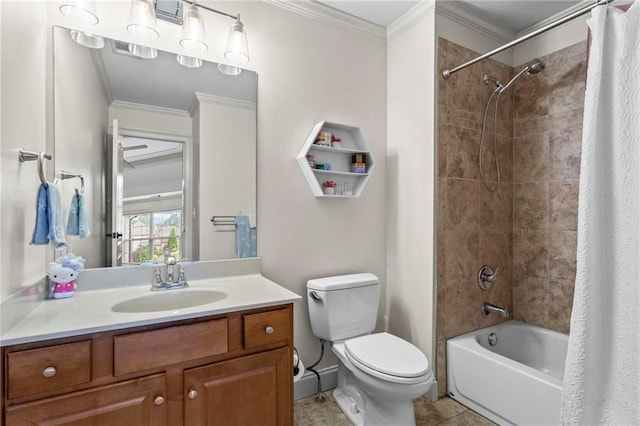 bathroom featuring ornamental molding, toilet, vanity, shower / bath combo, and baseboards