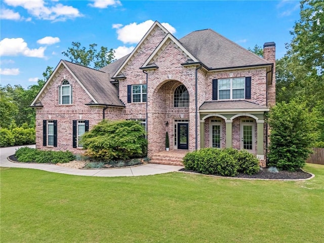 traditional home with a chimney, brick siding, a front yard, and roof with shingles