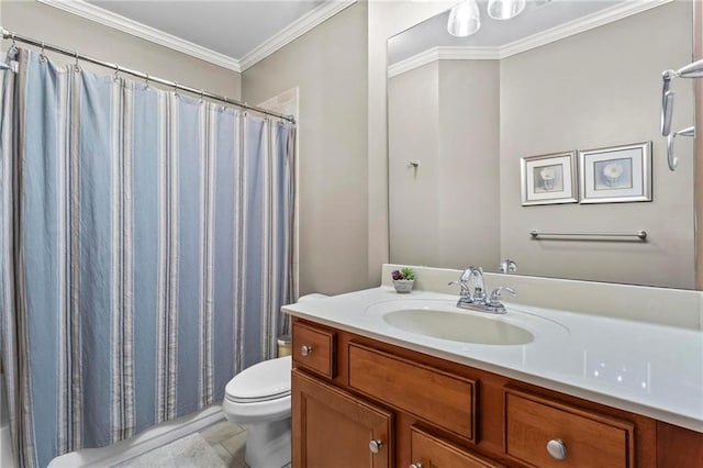 bathroom with toilet, vanity, ornamental molding, and a shower with curtain