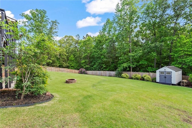 view of yard with an outdoor fire pit, a shed, and an outdoor structure