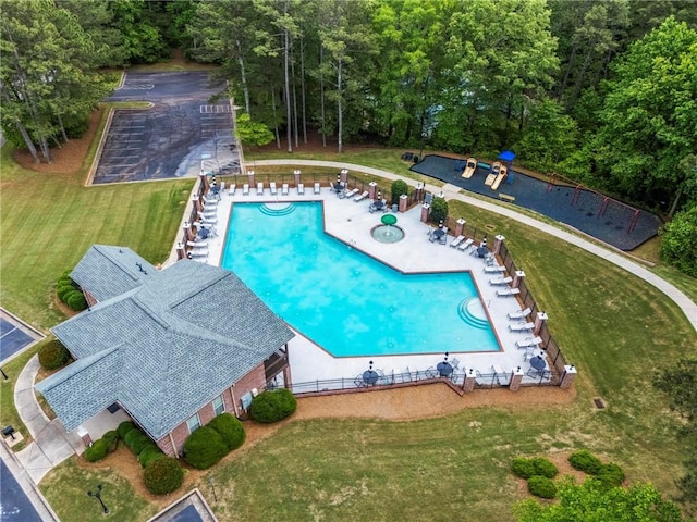 aerial view of a pool area
