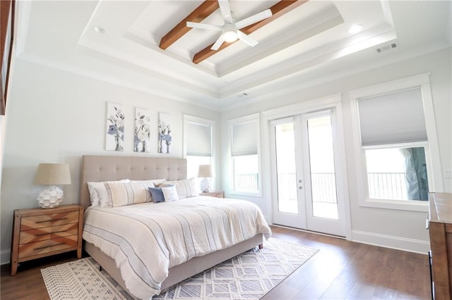50 Quiet Cove Way, Monticello, GA 31064 - bedroom with a raised ceiling, access to outside, french doors, crown molding, and dark wood-style flooring
