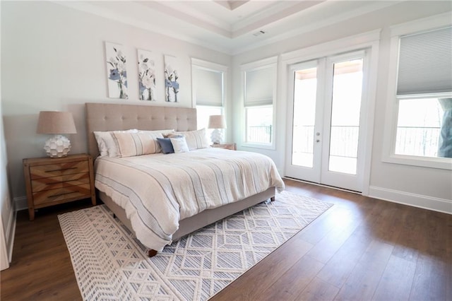 50 Quiet Cove Way, Monticello, GA 31064 - bedroom with french doors, access to exterior, dark wood finished floors, baseboards, and ornamental molding