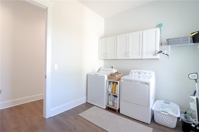 50 Quiet Cove Way, Monticello, GA 31064 - laundry room with independent washer and dryer, cabinet space, dark wood-style flooring, and baseboards