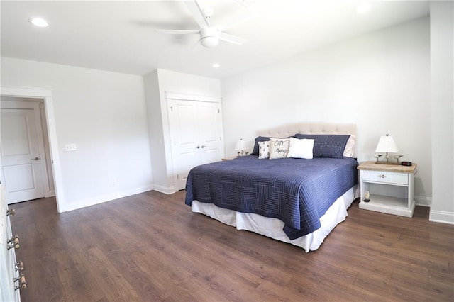 50 Quiet Cove Way, Monticello, GA 31064 - bedroom featuring wood finished floors, baseboards, a closet, recessed lighting, and a ceiling fan