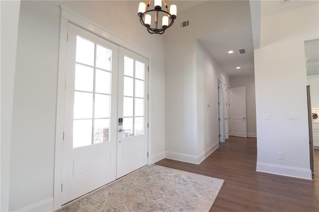 50 Quiet Cove Way, Monticello, GA 31064 - doorway with french doors, baseboards, dark wood finished floors, a chandelier, and recessed lighting