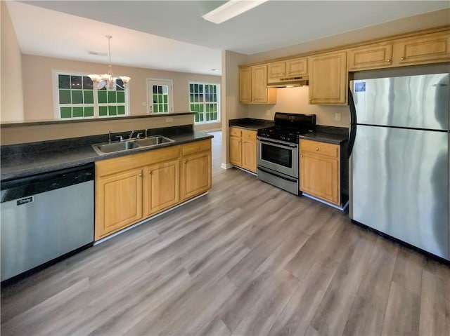 kitchen featuring pendant lighting, sink, stainless steel appliances, and light hardwood / wood-style floors