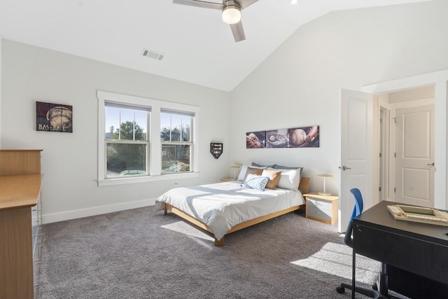 carpeted bedroom featuring ceiling fan and lofted ceiling