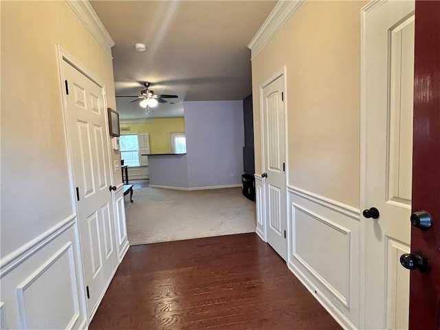 corridor with crown molding and dark wood-type flooring