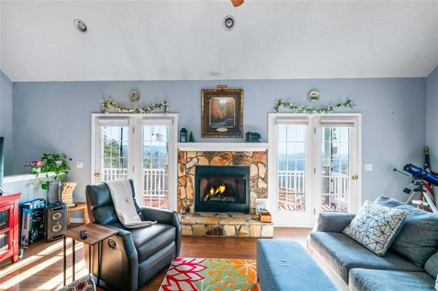 living room with wood-type flooring and a fireplace