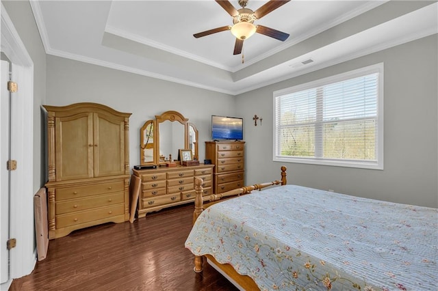 2735 Kimblewick Ct, Cumming, GA 30040 - bedroom with dark wood-style floors, a tray ceiling, visible vents, and crown molding