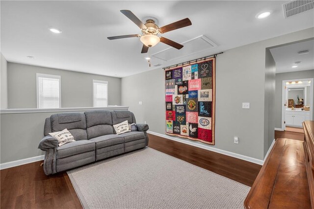 2735 Kimblewick Ct, Cumming, GA 30040 - living area featuring dark wood-style flooring, recessed lighting, visible vents, ceiling fan, and baseboards