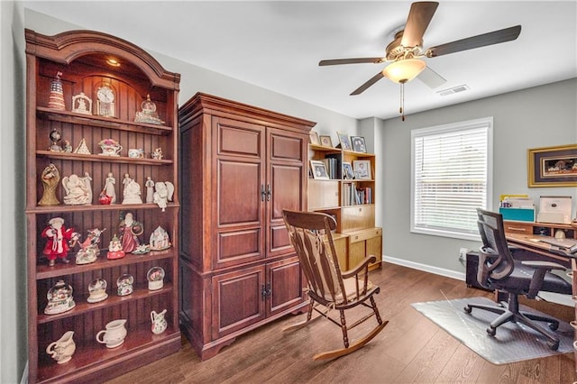 2735 Kimblewick Ct, Cumming, GA 30040 - office area featuring ceiling fan, visible vents, baseboards, and dark wood-type flooring