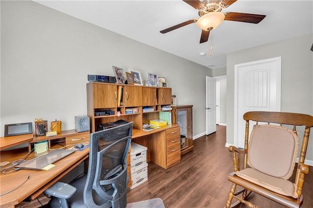2735 Kimblewick Ct, Cumming, GA 30040 - office featuring ceiling fan, dark wood-style flooring, and baseboards