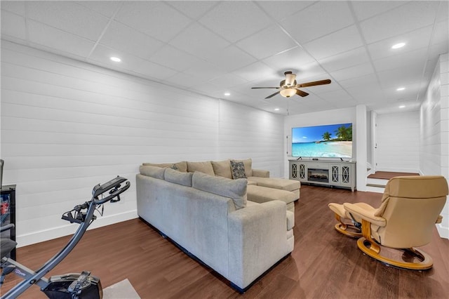 2735 Kimblewick Ct, Cumming, GA 30040 - living area with dark wood-style floors, a drop ceiling, a ceiling fan, and baseboards