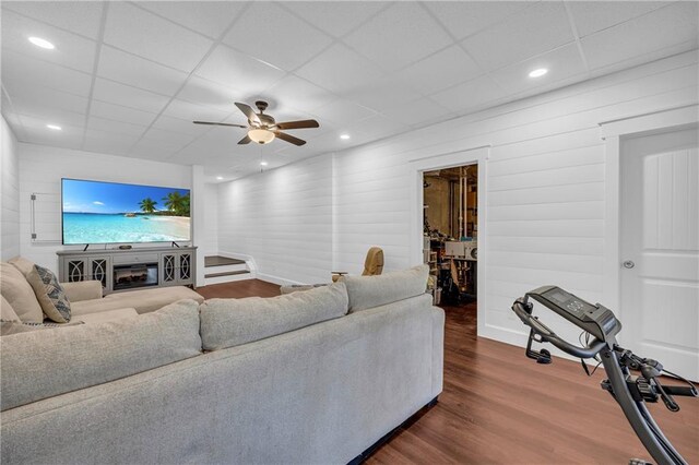 2735 Kimblewick Ct, Cumming, GA 30040 - living area featuring ceiling fan, a drop ceiling, dark wood-style flooring, and recessed lighting