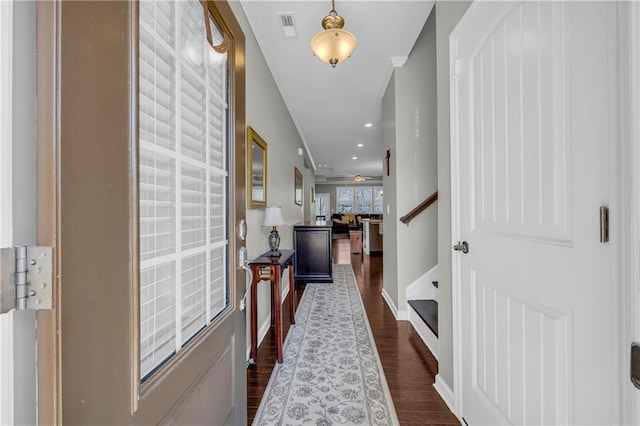 2735 Kimblewick Ct, Cumming, GA 30040 - entryway with dark wood finished floors, visible vents, ornamental molding, baseboards, and stairs