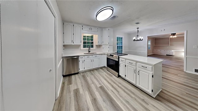 kitchen featuring sink, appliances with stainless steel finishes, kitchen peninsula, and white cabinetry