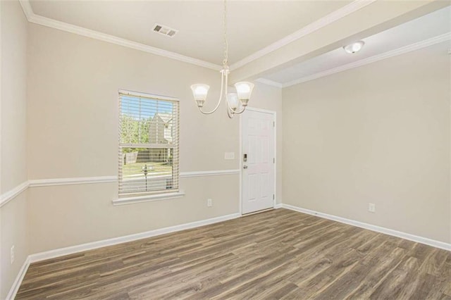 empty room with crown molding, a notable chandelier, and dark hardwood / wood-style flooring