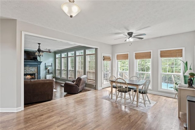 dining area featuring light hardwood / wood-style floors, a fireplace, a healthy amount of sunlight, and a textured ceiling