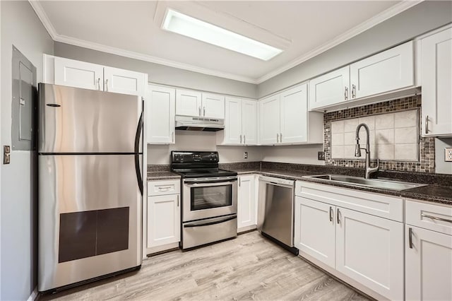 kitchen featuring appliances with stainless steel finishes, a sink, white cabinetry, and under cabinet range hood