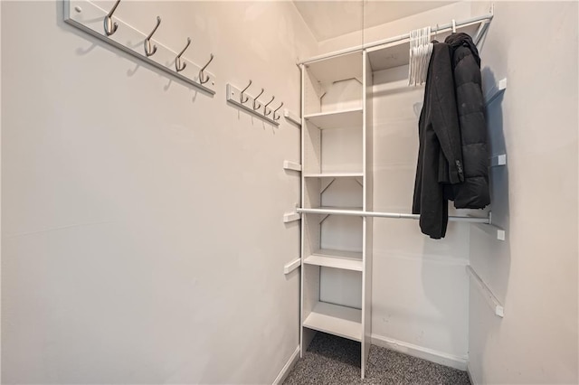 walk in closet with dark colored carpet