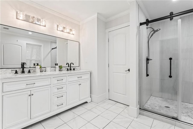 bathroom with ornamental molding, vanity, and walk in shower