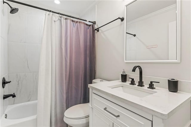 full bathroom with vanity, shower / tub combo, crown molding, and toilet