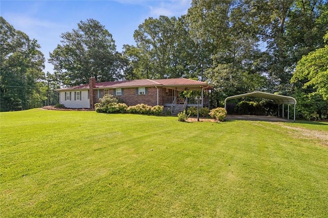 6674 Cowan Mill Rd, Winston, GA 30187 - view of front facade featuring covered porch, a detached carport, a front yard, and a chimney