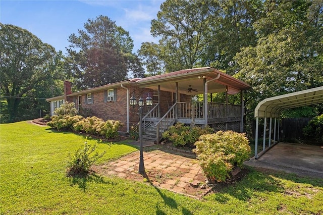 6674 Cowan Mill Rd, Winston, GA 30187 - view of front of house featuring a ceiling fan, a front lawn, a chimney, a porch, and brick siding