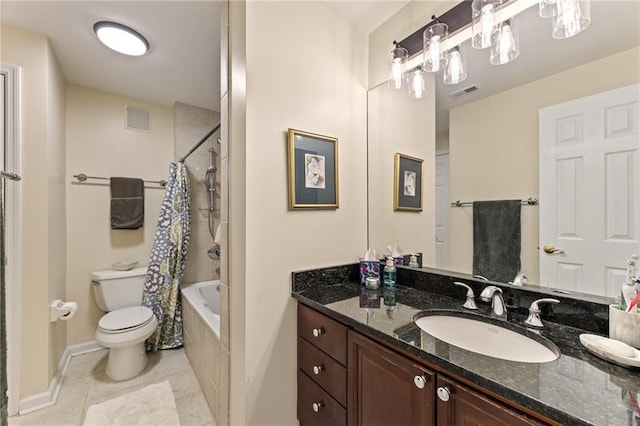 full bathroom featuring toilet, visible vents, shower / bath combo with shower curtain, and vanity