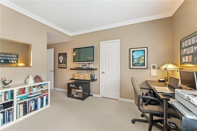 home office with carpet, ornamental molding, and baseboards