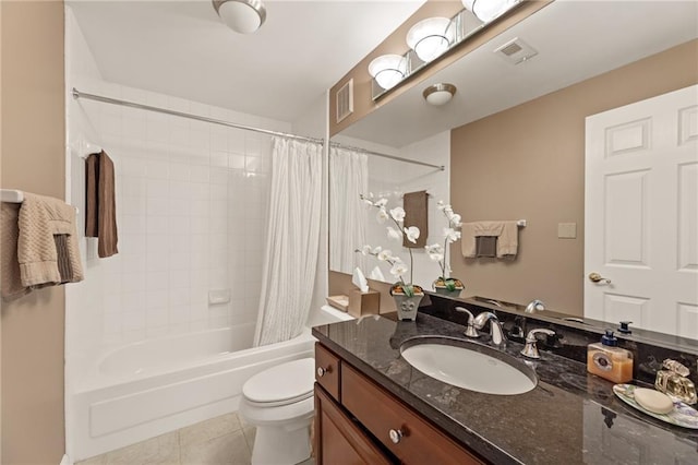 bathroom with visible vents, shower / bathtub combination with curtain, toilet, and tile patterned floors