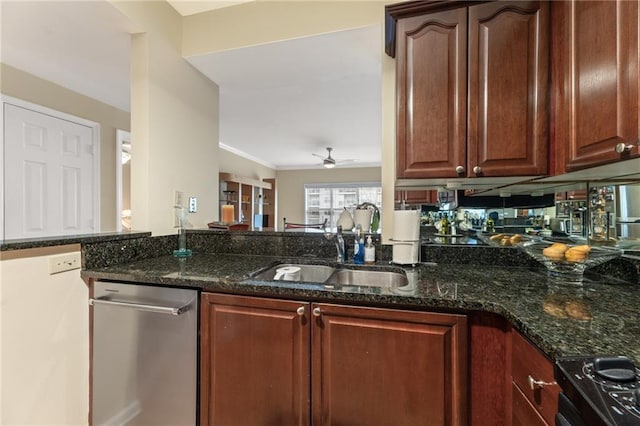 kitchen with dark stone counters, ceiling fan, crown molding, black electric range, and a sink