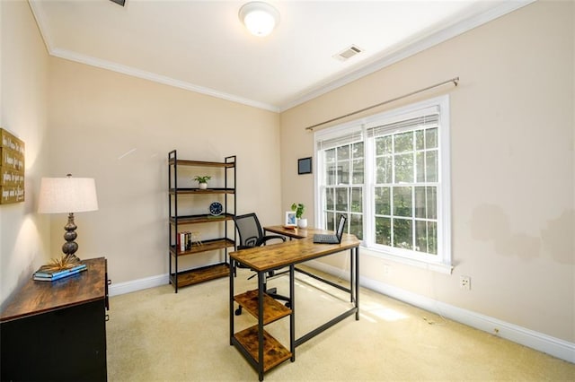 office space featuring crown molding, baseboards, and light carpet