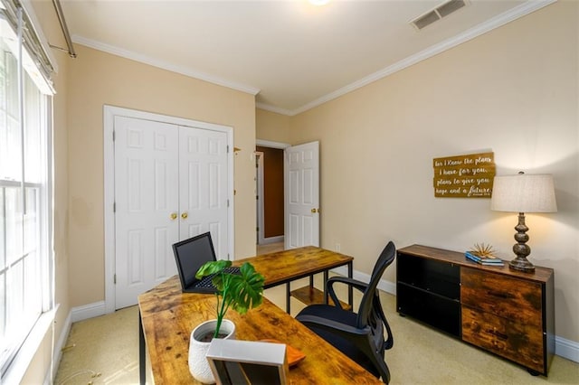 office area featuring carpet flooring, ornamental molding, and baseboards