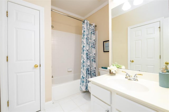 full bath with ornamental molding, vanity, shower / tub combo, and tile patterned flooring