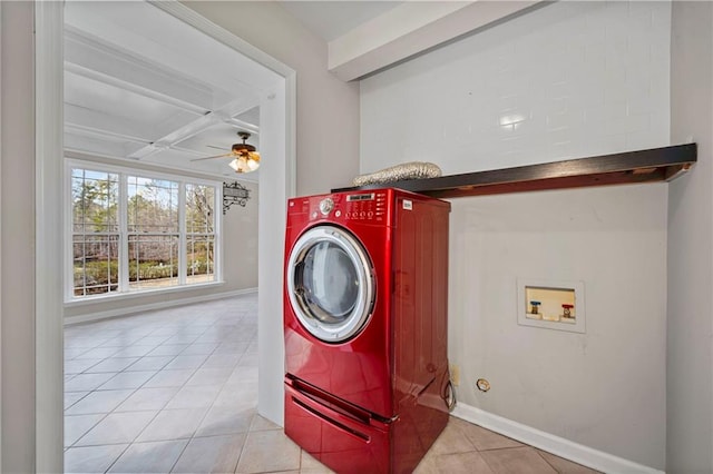 laundry room featuring light tile patterned floors, washer / dryer, and ceiling fan