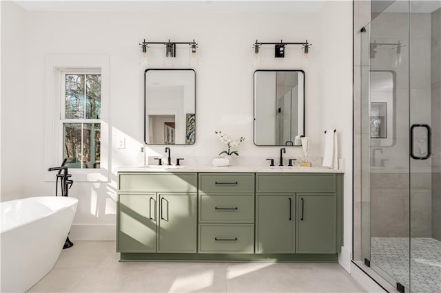 full bathroom featuring a sink, a stall shower, and double vanity