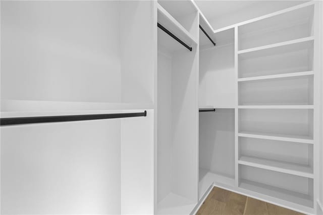 walk in closet with wood-type flooring