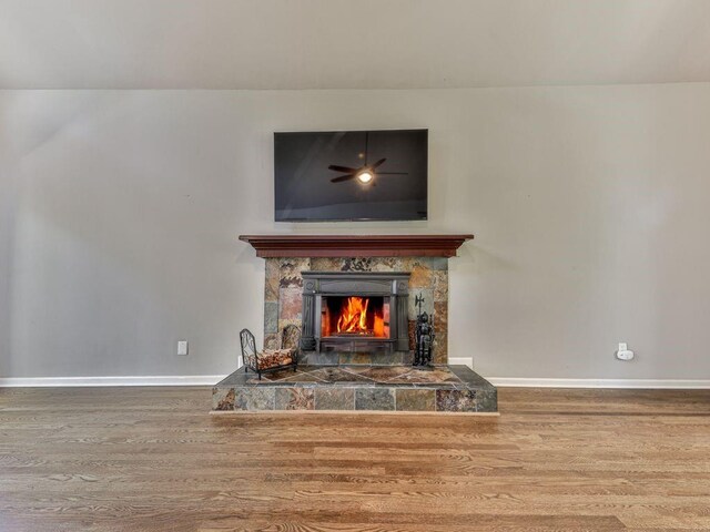 details featuring hardwood / wood-style floors, ceiling fan, and a stone fireplace