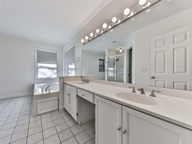 bathroom with crown molding, tile patterned flooring, vanity, and shower with separate bathtub