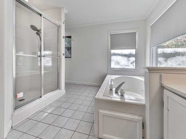 bathroom with crown molding, tile patterned flooring, vanity, and independent shower and bath