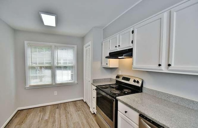 6500 Gaines Ferry Rd Unit A2, Flowery Branch, GA 30542 - kitchen with electric range, under cabinet range hood, light wood-style floors, white cabinets, and light countertops