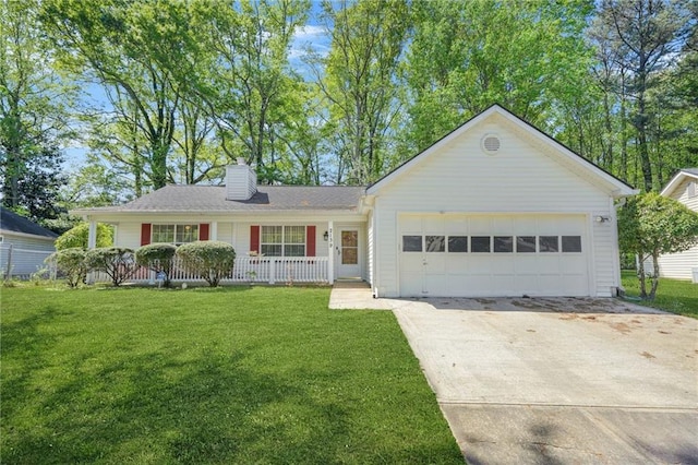 single story home featuring a garage, covered porch, a front yard, a chimney, and concrete driveway