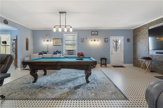 rec room featuring crown molding, billiards, and baseboards