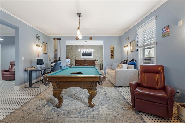 playroom with billiards, baseboards, and ornamental molding