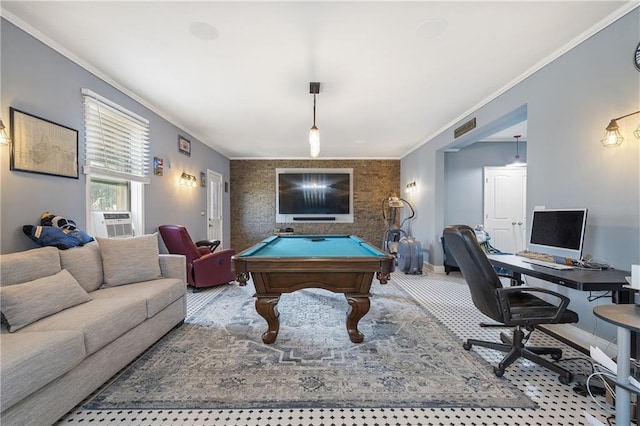 recreation room featuring visible vents, pool table, crown molding, baseboards, and cooling unit