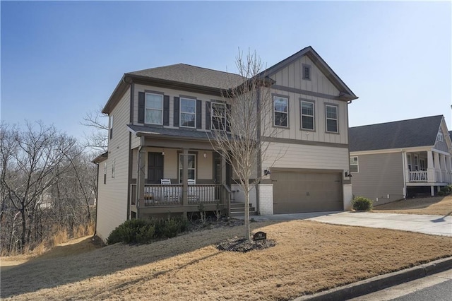 view of front of house featuring covered porch, board and batten siding, concrete driveway, and a garage