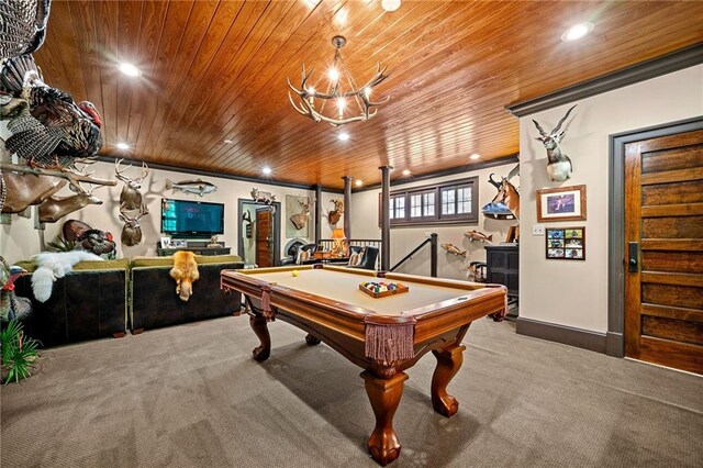 rec room featuring wood ceiling, ornamental molding, pool table, and carpet flooring